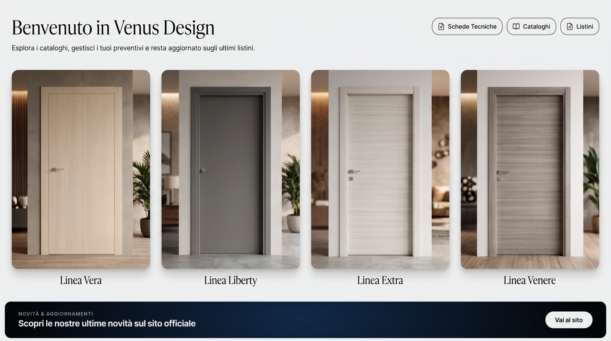Portale B2B di un produttore di porte interne: home con le linee del catalogo
