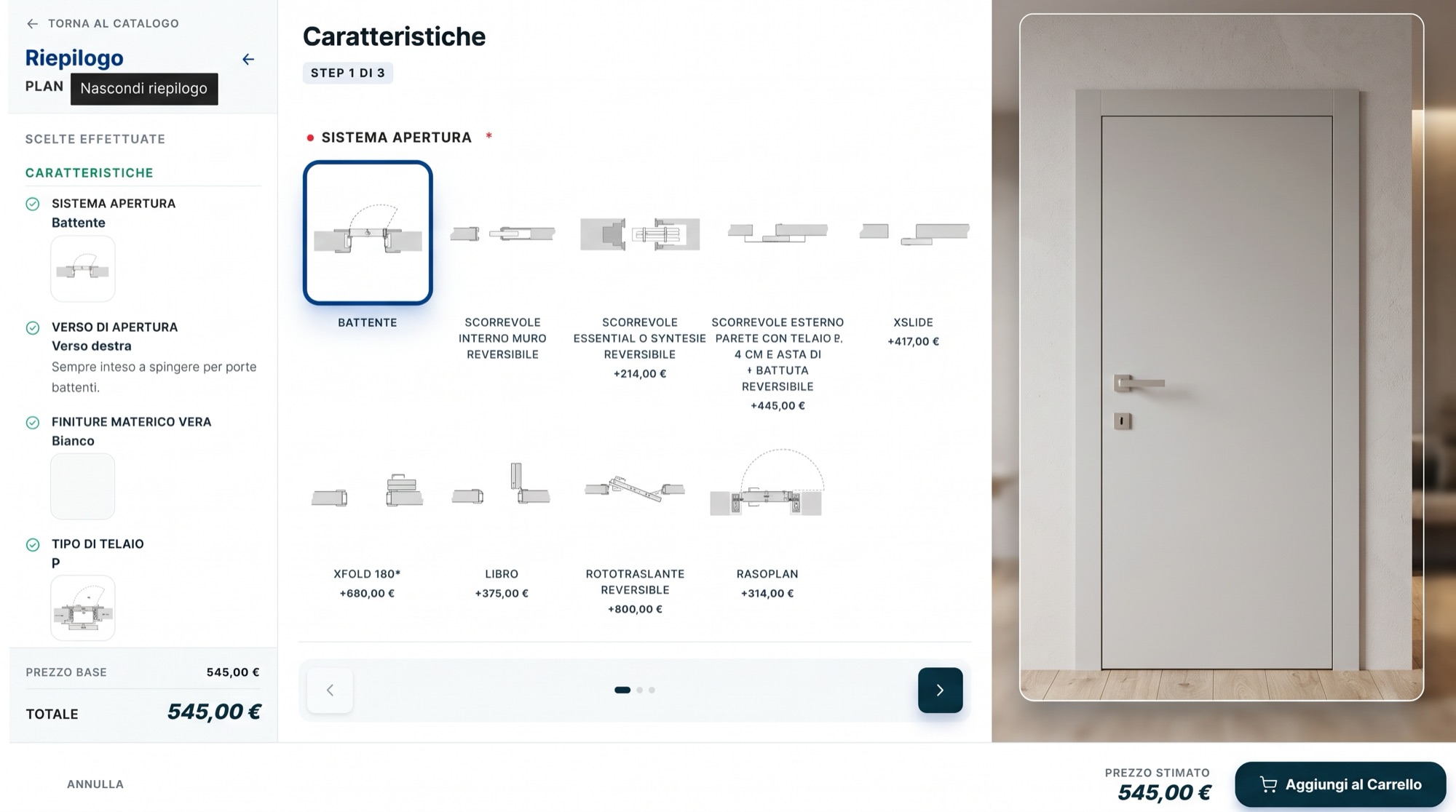 Configurazione di una porta interna: sistema di apertura, riepilogo delle scelte e prezzo