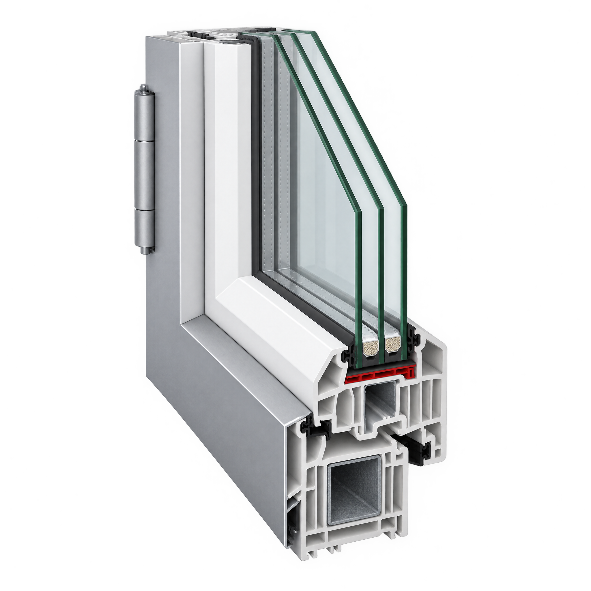 Spaccato di un profilo di finestra in PVC e alluminio con triplo vetro, guarnizioni e cerniera
