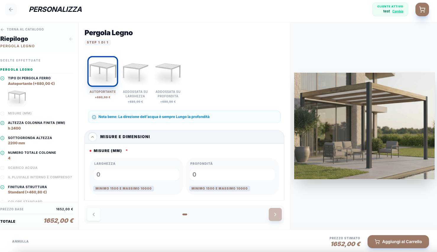Configuratore Evoluver su PC: personalizzazione di una pergola in legno, con riepilogo delle scelte e prezzo aggiornato