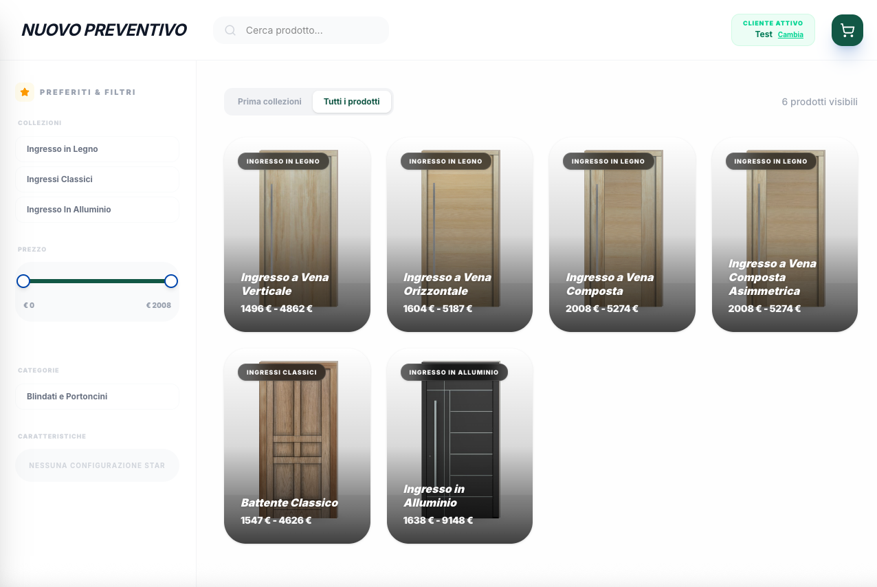 Configuratore Evoluver su tablet: catalogo di portoncini d'ingresso con filtri e fasce di prezzo